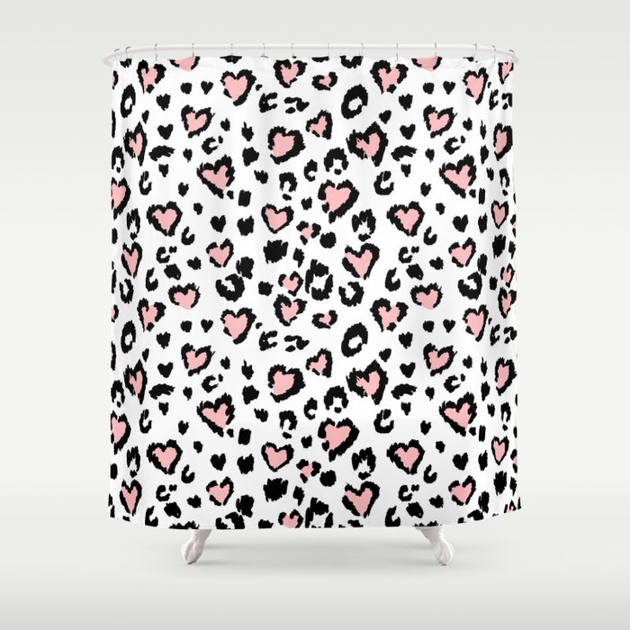 Leopard or jaguar seamless pattern, textured fashion, abstract safari background. Effect of big tropical wild cat fur, spots stylized as hearts with pink camouflage Shower Curtain