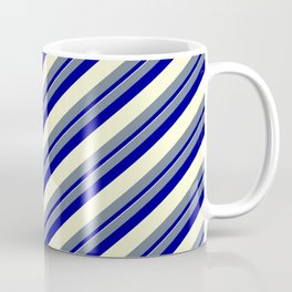 [ Thumbnail: Slate Gray, Dark Blue & Light Yellow Colored Lined Pattern Coffee Mug ]