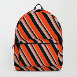 [ Thumbnail: Grey, Black & Red Colored Lined Pattern Backpack ]