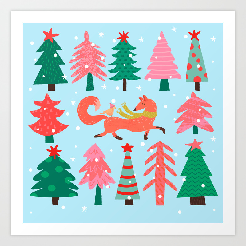 Fox And Bird In A Christmas Tree Winter Wonderland Art Print By