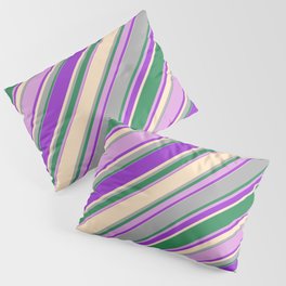 [ Thumbnail: Colorful Dark Orchid, Bisque, Dark Gray, Sea Green & Plum Colored Lines Pattern Pillow Sham ]