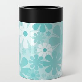 Retro 60s 70s Aesthetic Floral Pattern in Light Turquoise Aqua Blue Can Cooler