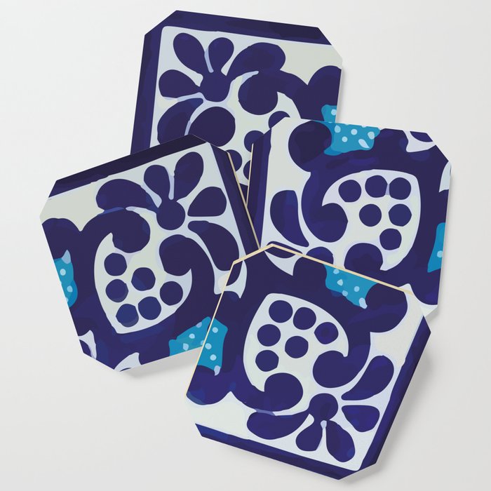 Blue classic geometric cross pattern mexican talavera Coaster