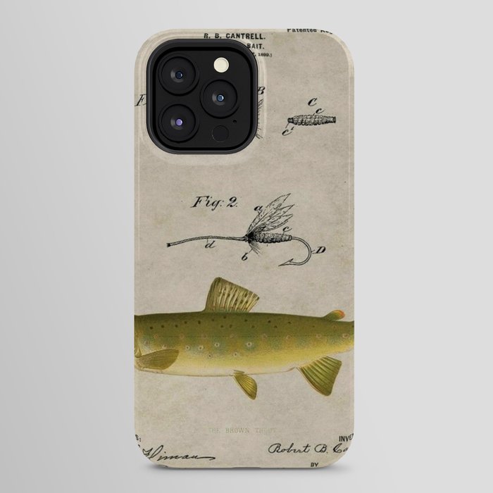 Vintage Brown Trout Fly Fishing Lure Patent Game Fish Identification Chart  iPhone Case by Atlantic Coast Arts and Paintings