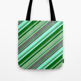 [ Thumbnail: Dim Gray, Aquamarine, Dark Green, and Dark Sea Green Colored Lines/Stripes Pattern Tote Bag ]
