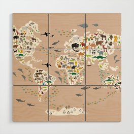 Cartoon world map for children, kids, Animals from all over the world, back to school, rosybrown Wood Wall Art