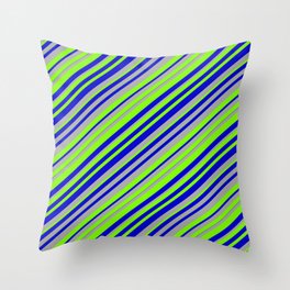 [ Thumbnail: Chartreuse, Blue, and Dark Gray Colored Lined Pattern Throw Pillow ]