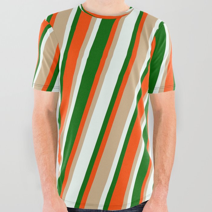 Tan, Mint Cream, Dark Green & Red Colored Stripes Pattern All Over Graphic Tee