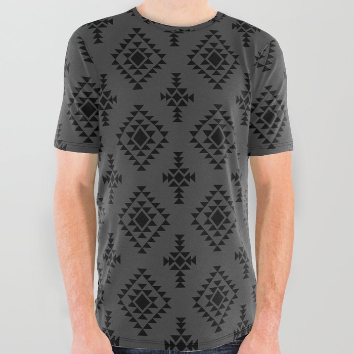 Dark Grey and Black Native American Tribal Pattern All Over Graphic Tee
