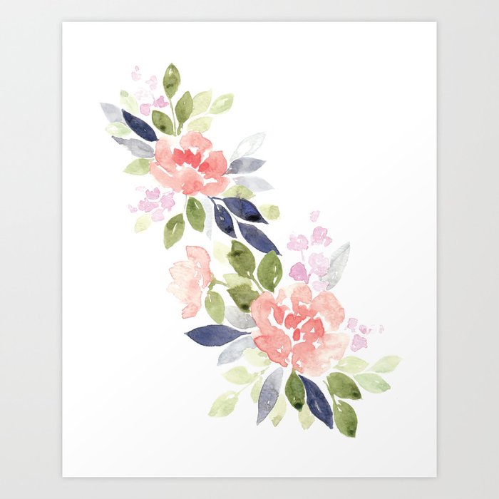Peach Amp Nvy Watercolor Flowers Art Print By Katrinacrouch