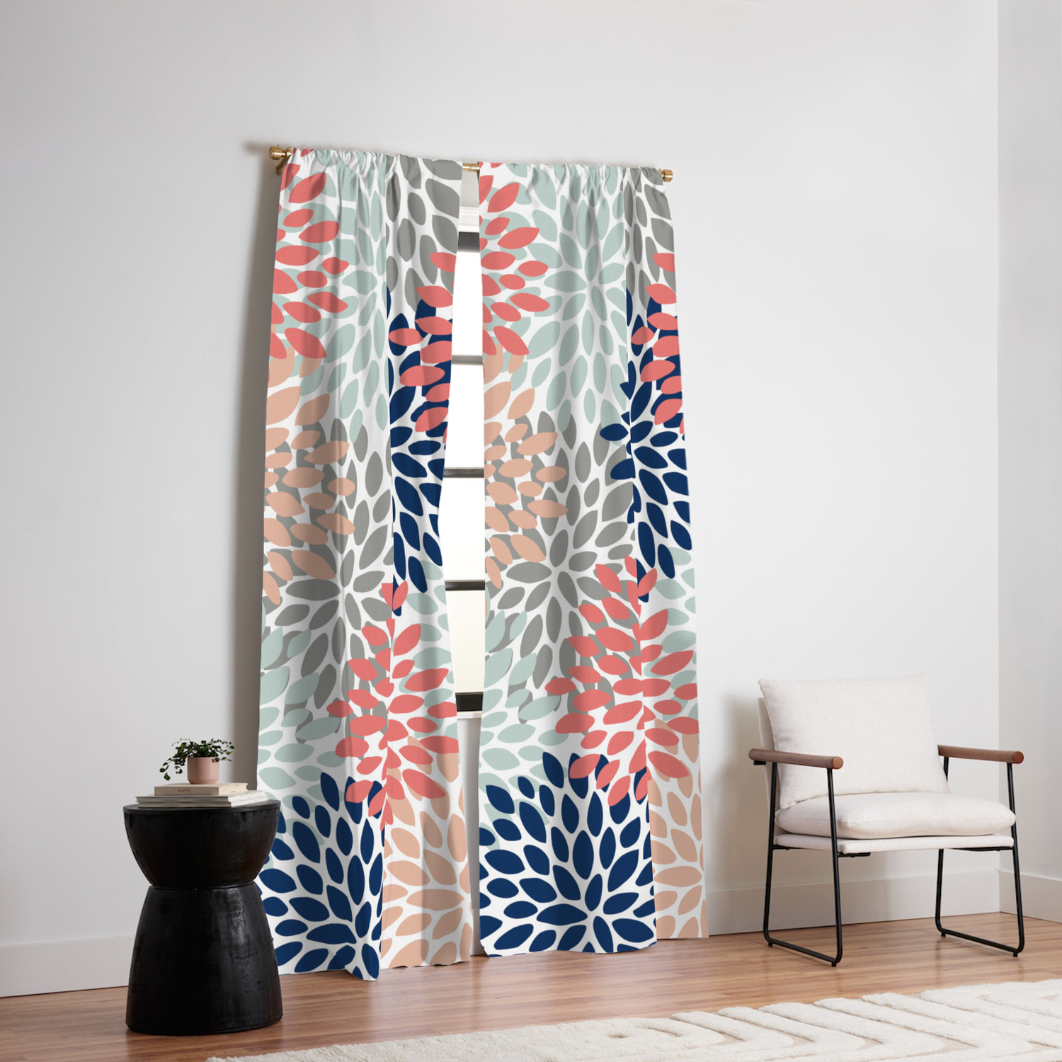 Floral Bloom Print Living Coral Pale Aqua Blue Gray Navy Blackout Curtain By Meganmorrisart Society6