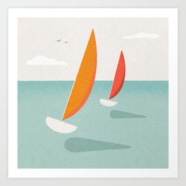 Vintage style minimalist travel poster of sleek yachts on a summer sea Art Print