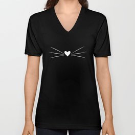 Cat Heart Nose & Whiskers White on Black V Neck T Shirt