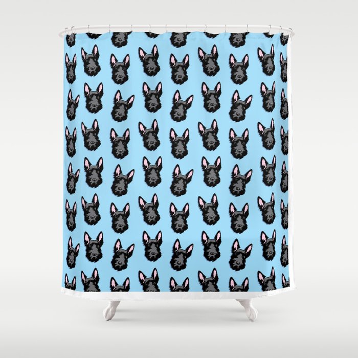 Black Scottie Dog On Blue Background Shower Curtain By