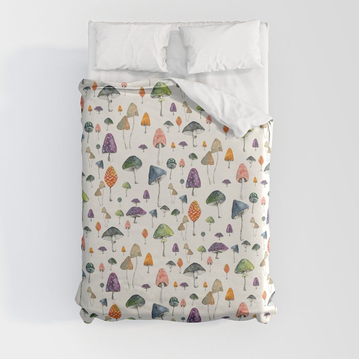 Watercolor mushrooms pattern on cream background Duvet Cover