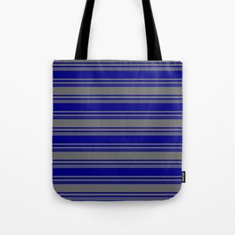 [ Thumbnail: Blue and Dim Grey Colored Stripes Pattern Tote Bag ]