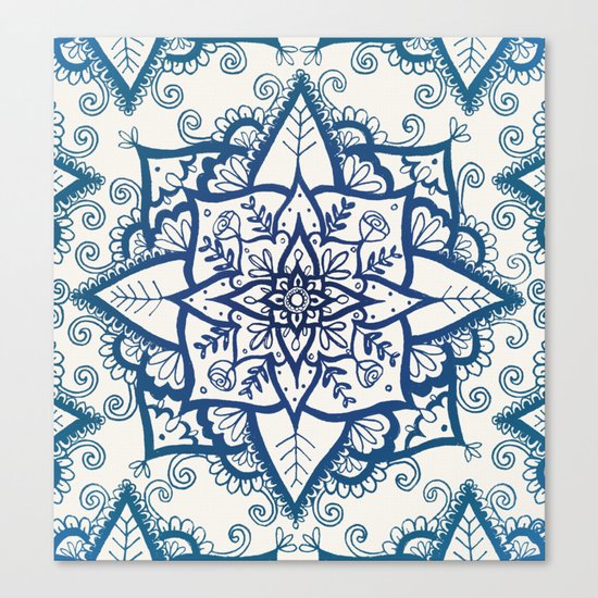 Blue Floral Pattern on Cream Canvas Print