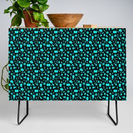 Smalll Bright Dayglo Aqua Halloween Motifs Skulls, Spells & Cats on Spooky Black  Credenza