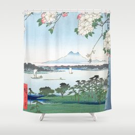Utagawa Hiroshige - Sakura At Suijin Shrine, Sumida River - Vintage Japanese Woodblock Print, 1856. Shower Curtain