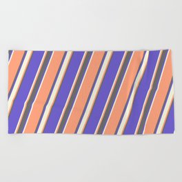 [ Thumbnail: Light Salmon, Dim Grey, Slate Blue, and Beige Colored Lined/Striped Pattern Beach Towel ]