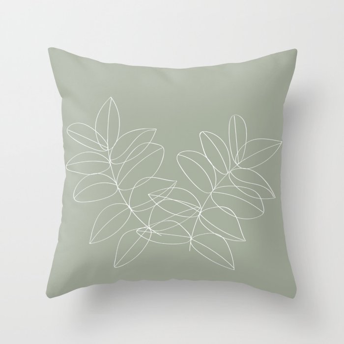 Boho Sage Green, Decor, Line Art, Botanical Leaves Throw Pillow