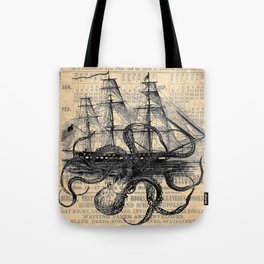 Octopus Kraken attacking Ship Antique Almanac Paper Tote Bag
