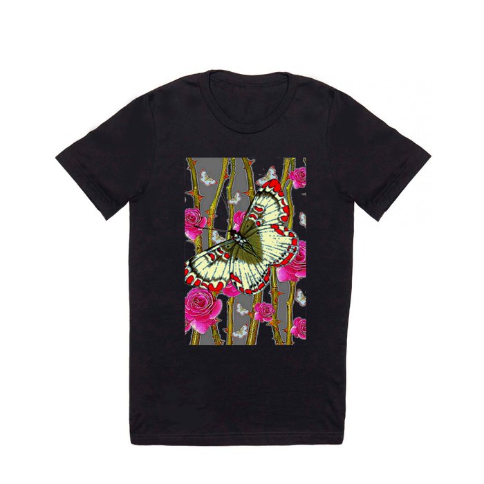 ORIENTAL STYLE BUTTERFLY & PINK ROSES GREY PATTERN DESIGN T Shirt