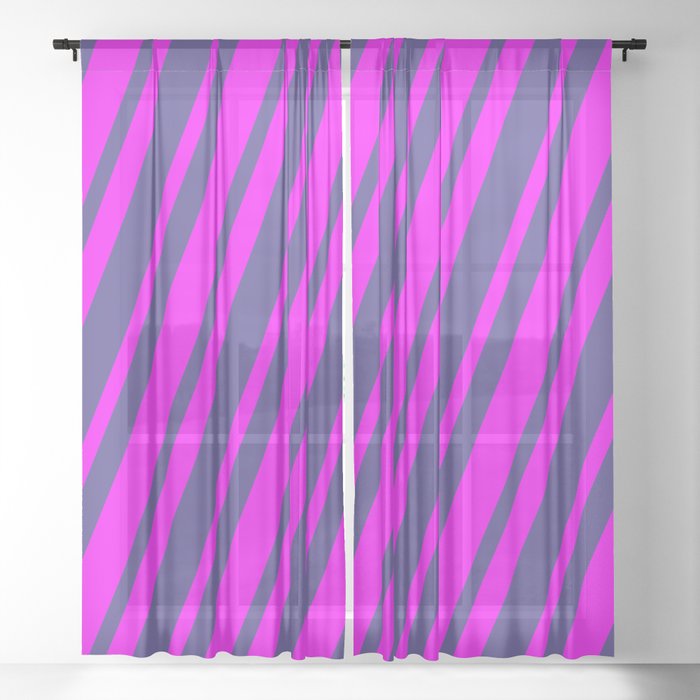 Fuchsia and Dark Slate Blue Colored Lined/Striped Pattern Sheer Curtain