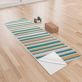 [ Thumbnail: Brown, Teal, and Lavender Colored Lined Pattern Yoga Towel ]