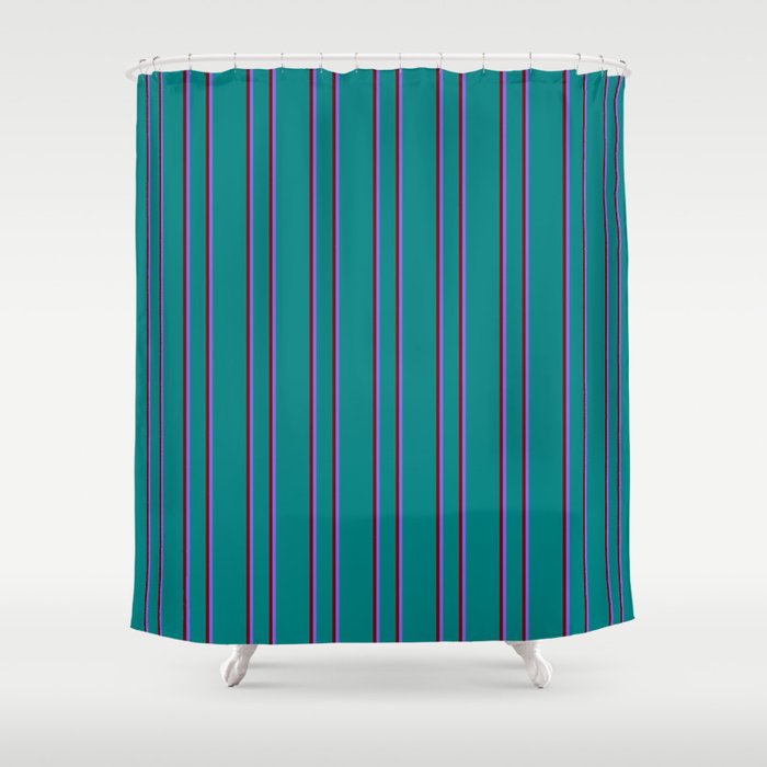 Teal, Maroon & Medium Slate Blue Colored Lined/Striped Pattern Shower Curtain