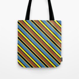 [ Thumbnail: Sienna, Yellow, Blue, and Black Colored Lines/Stripes Pattern Tote Bag ]