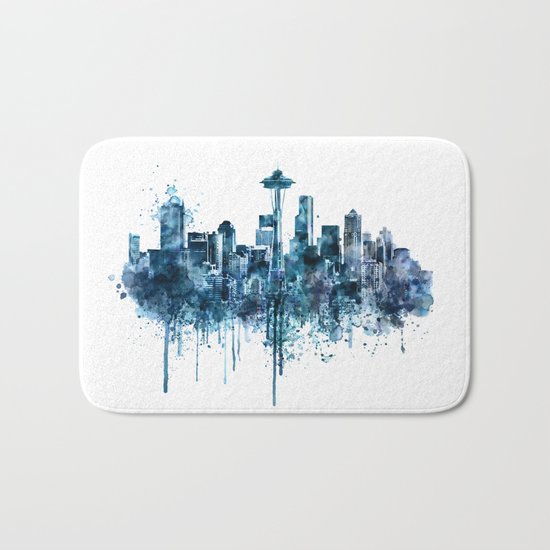 Seattle Skyline monochrome watercolor Bath Mat
