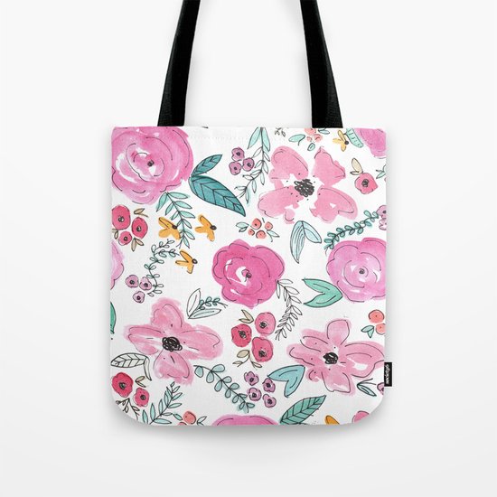 Pink Watercolor Floral Print Tote Bag