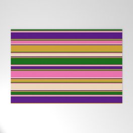 [ Thumbnail: Eyecatching Goldenrod, Dark Green, Hot Pink, Bisque & Indigo Colored Striped/Lined Pattern Welcome Mat ]