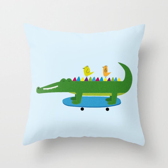 Crocodile and skateboard Throw Pillow