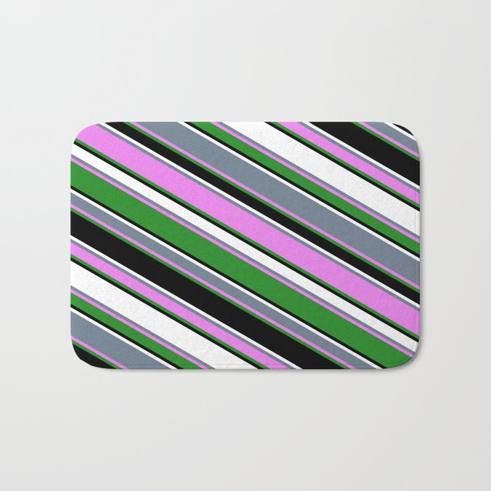 Vibrant Slate Gray, Violet, Forest Green, Black, and White Colored Stripes Pattern Bath Mat