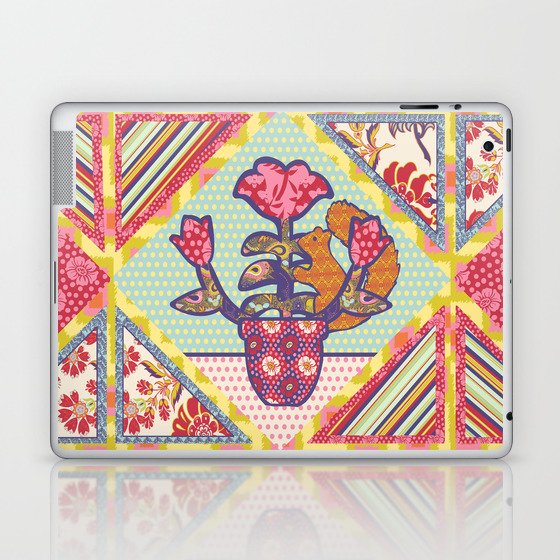 Spring Friends Quilt Block - Squirrel and Flowers - Folk Art Laptop & iPad Skin