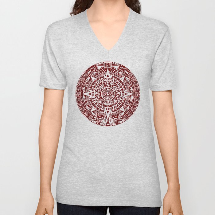Mayan Calendar // Burgundy V Neck T Shirt