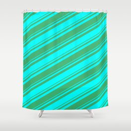 [ Thumbnail: Sea Green and Aqua Colored Lined Pattern Shower Curtain ]