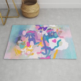Abstract woman face with birds- teal, pink Rug