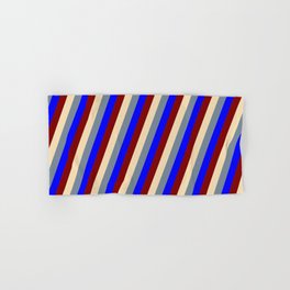 [ Thumbnail: Tan, Light Slate Gray, Blue, and Maroon Colored Pattern of Stripes Hand & Bath Towel ]