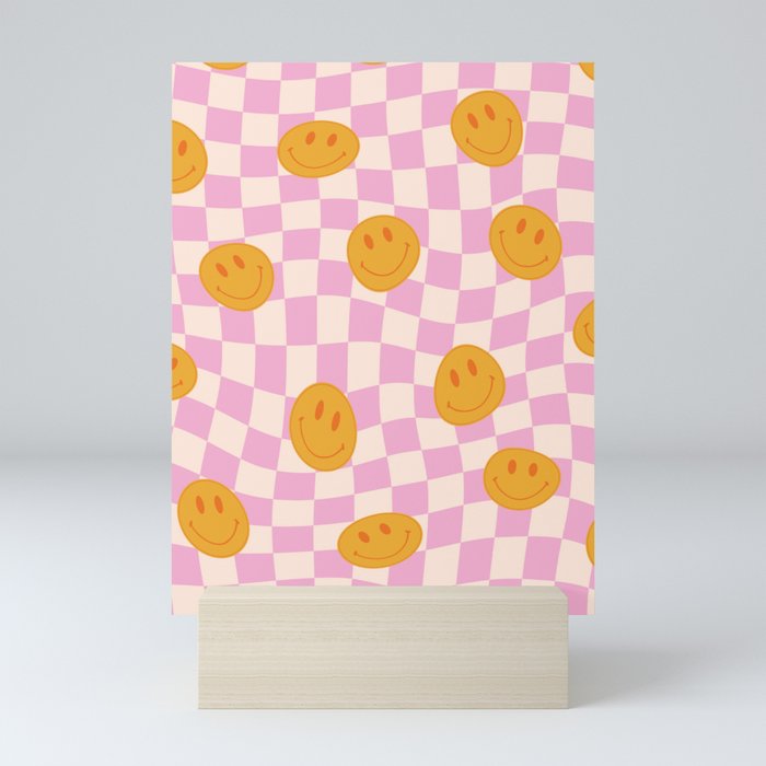 Groovy Smiley Faces on Pastel Pink Twisted Checkerboard Mini Art Print