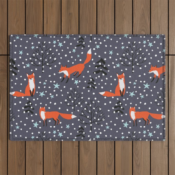 Red foxes in the nignt winter forest Outdoor Rug
