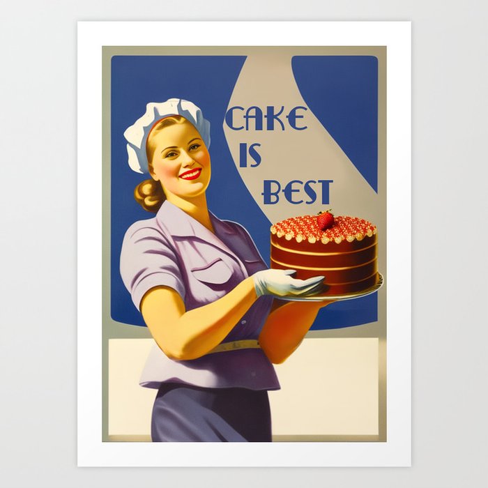 A beautiful smiling female pastry chef holding a chocolate layer cake with strawberry on top a vintage and nostalgic Art Print