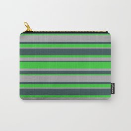 [ Thumbnail: Dark Slate Gray, Lime Green & Dark Gray Colored Stripes Pattern Carry-All Pouch ]