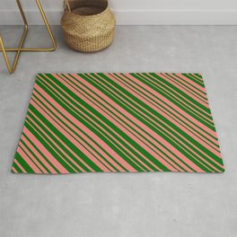 [ Thumbnail: Dark Green & Light Coral Colored Lined/Striped Pattern Rug ]