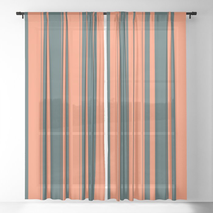 Coral and Dark Slate Gray Colored Striped/Lined Pattern Sheer Curtain
