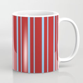 [ Thumbnail: Red & Light Sky Blue Colored Striped/Lined Pattern Coffee Mug ]