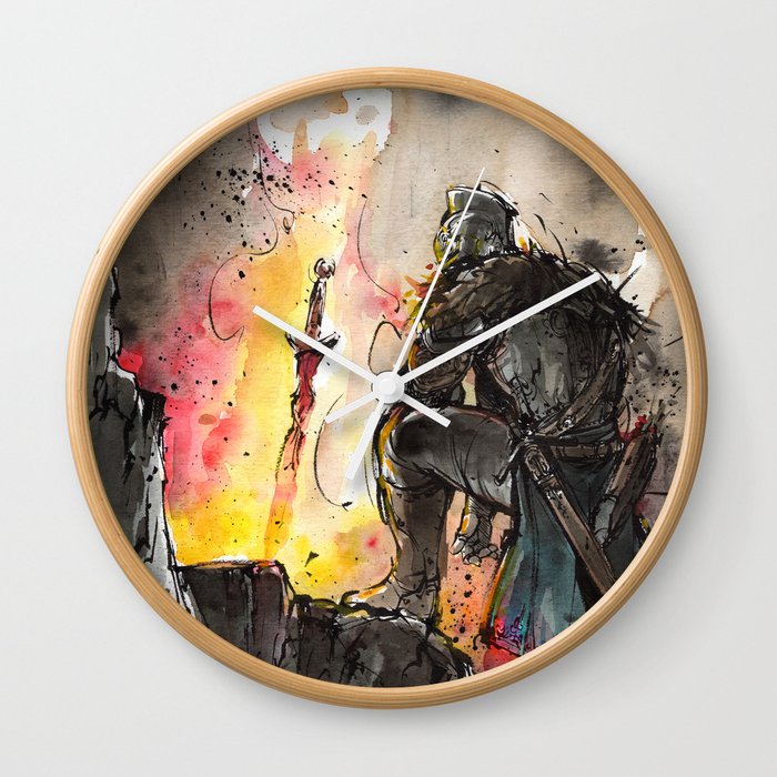Dark Souls Bonfire with a Warrior Japanese calligraphy Wall Clock