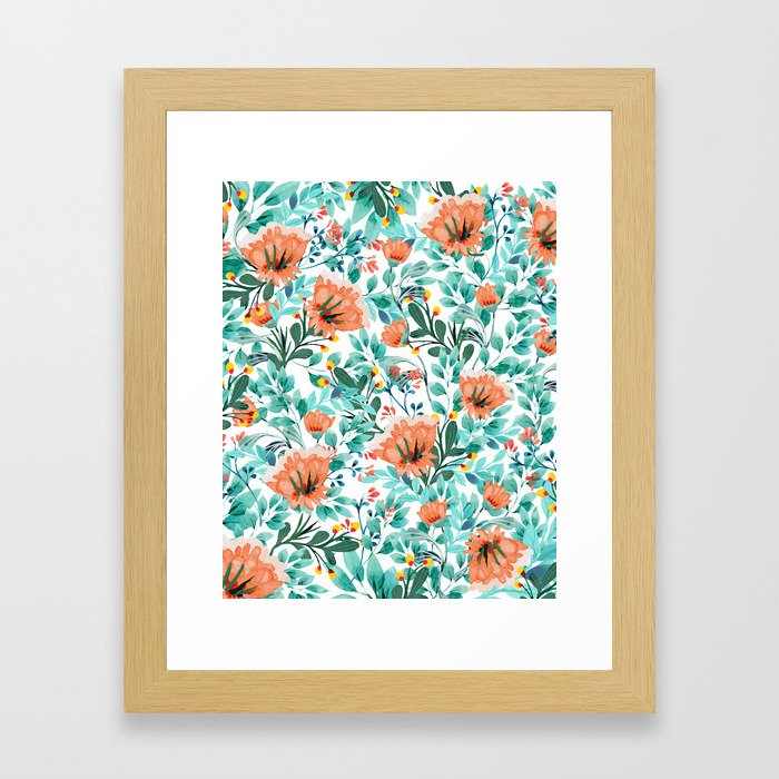 Tangerine Dreams, Orange & Mint Botanical Jungle Watercolor Painting, Colorful Plants Floral Summer Framed Art Print